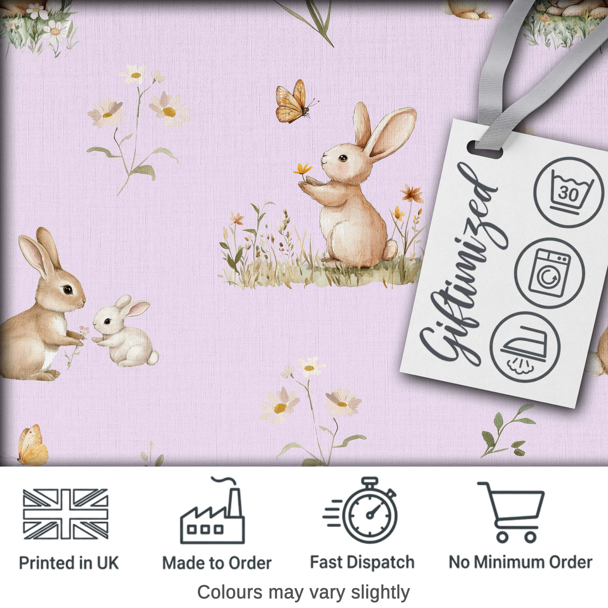 Watercolor Bunny Butterfly Floral Meadow Pale Lilac Pattern Digital Print Fabric by the Metre UK Sewing Quilting Textile
