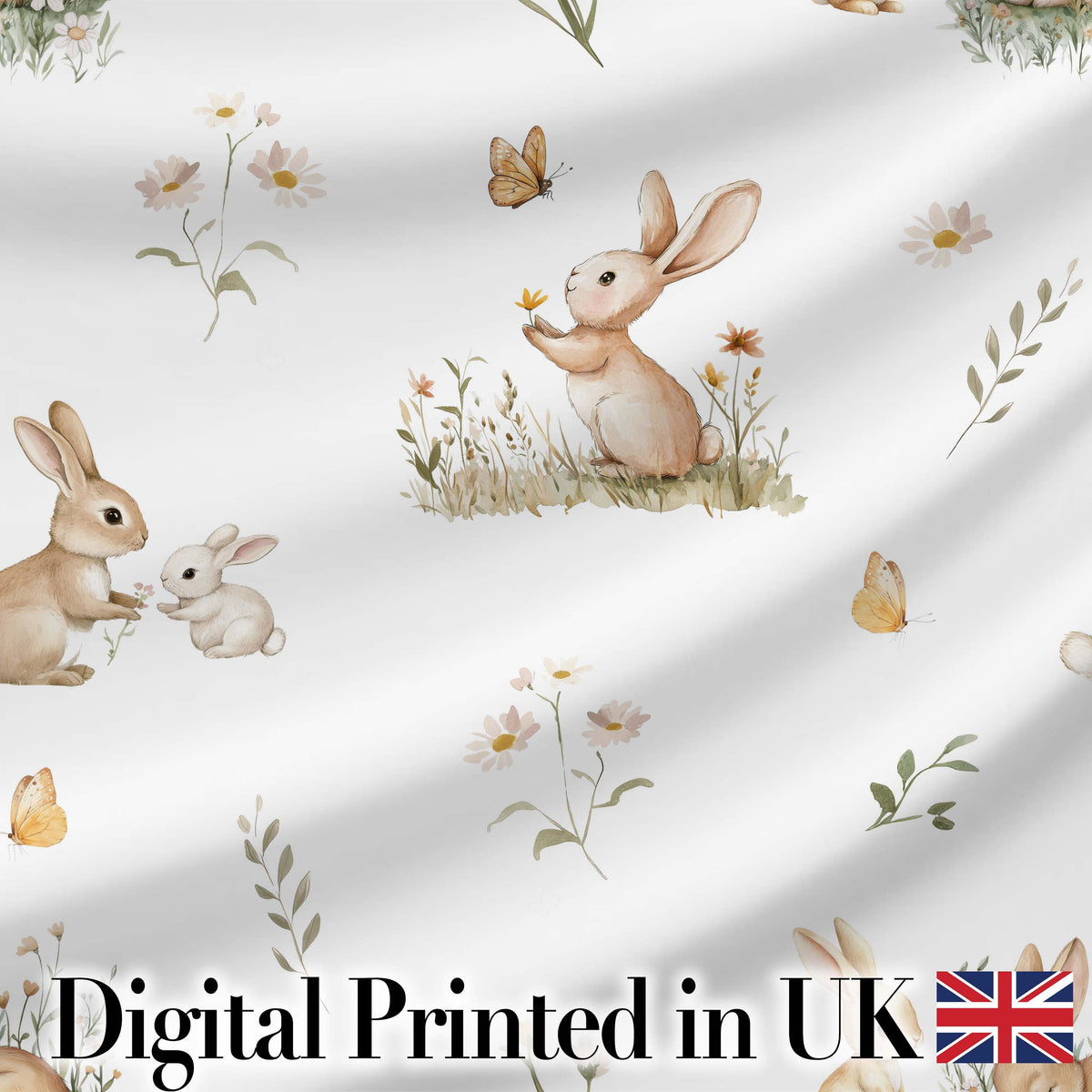 Watercolor Bunny Butterfly Floral Meadow Neutral Tone Pattern Digital Print Fabric by the Metre UK Sewing Quilting Textile