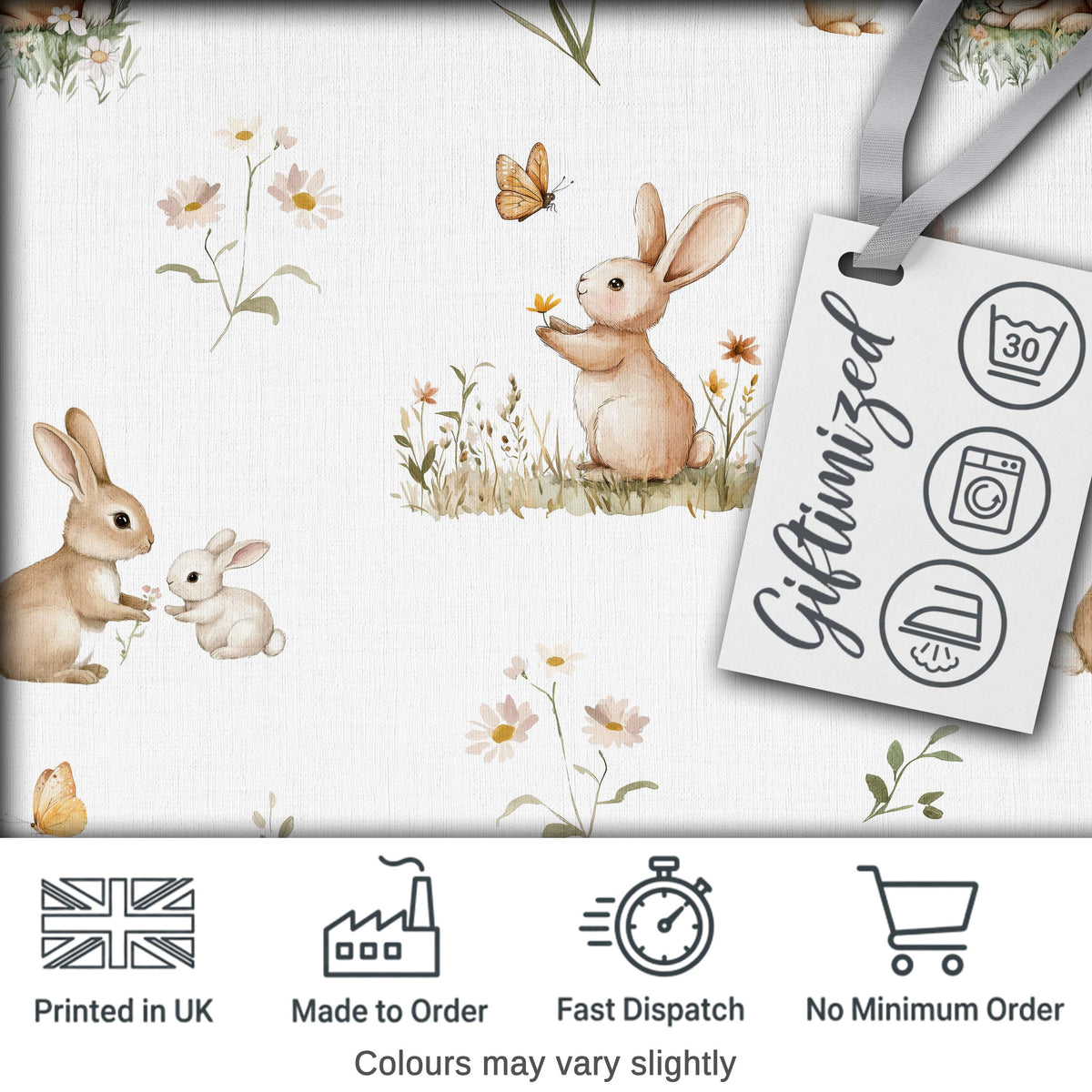 Watercolor Bunny Butterfly Floral Meadow Neutral Tone Pattern Digital Print Fabric by the Metre UK Sewing Quilting Textile