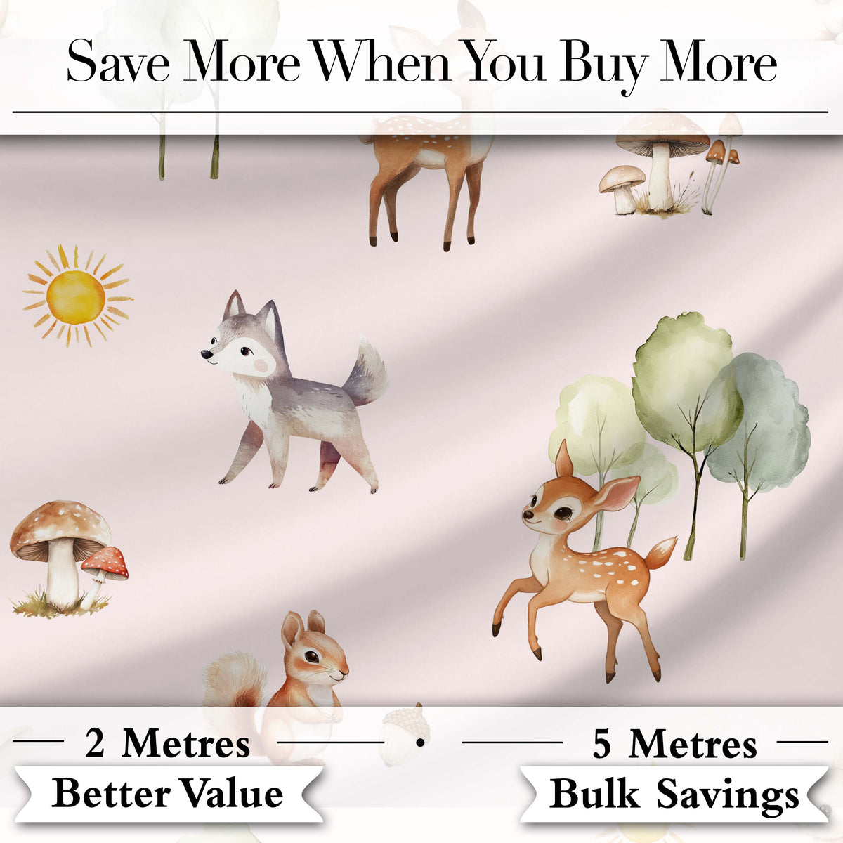 Cute Woodland Deer Fox Squirrel Mushroom Forest Pattern Digital Print Fabric by the Metre UK Sewing Quilting Textile
