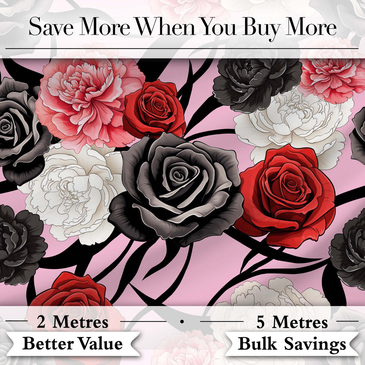 Soft Pink Background Red Black White Roses Peonies Seamless Floral Pattern Digital Print Fabric by the Metre UK Sewing Quilting Textile