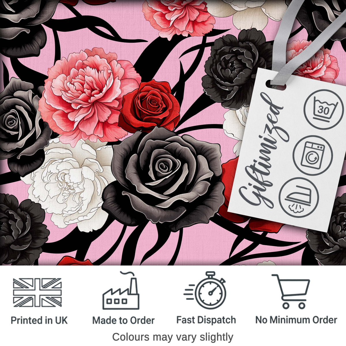 Soft Pink Background Red Black White Roses Peonies Seamless Floral Pattern Digital Print Fabric by the Metre UK Sewing Quilting Textile