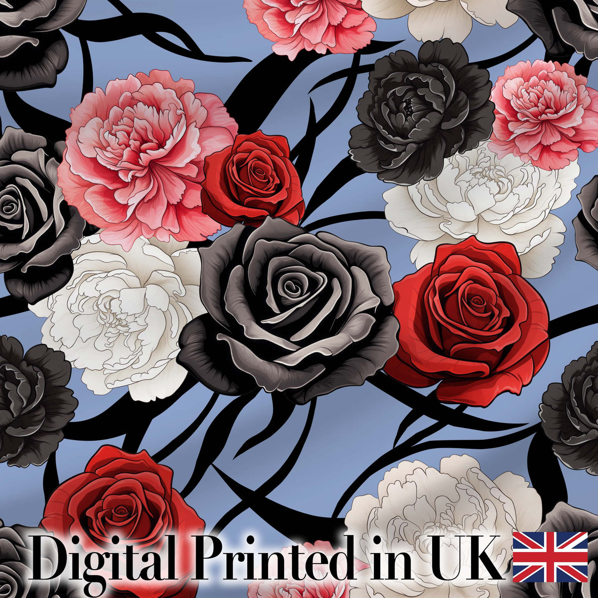 Blue Grey Background Red Black White Roses Peonies Seamless Floral Pattern Digital Print Fabric by the Metre UK Sewing Quilting Textile