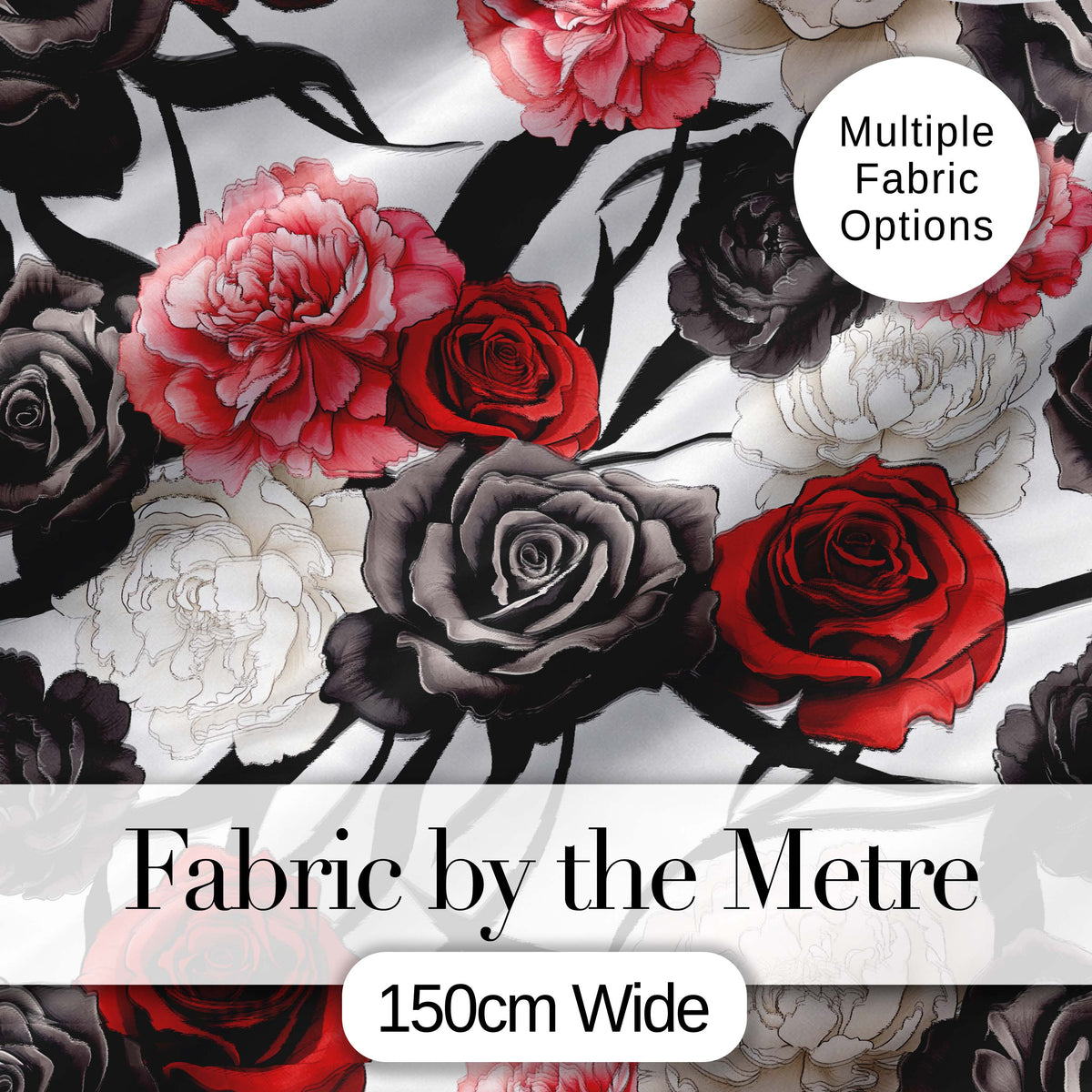 Grey Background Red Black White Roses Peonies Seamless Floral Pattern Elegant Digital Print Fabric by the Metre UK Sewing Quilting Textile