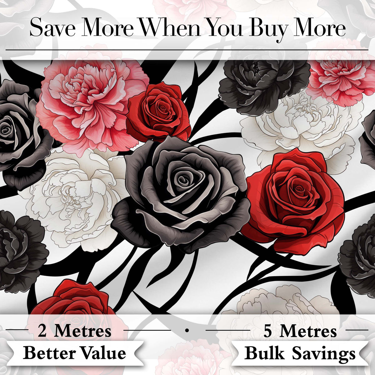 Grey Background Red Black White Roses Peonies Seamless Floral Pattern Elegant Digital Print Fabric by the Metre UK Sewing Quilting Textile