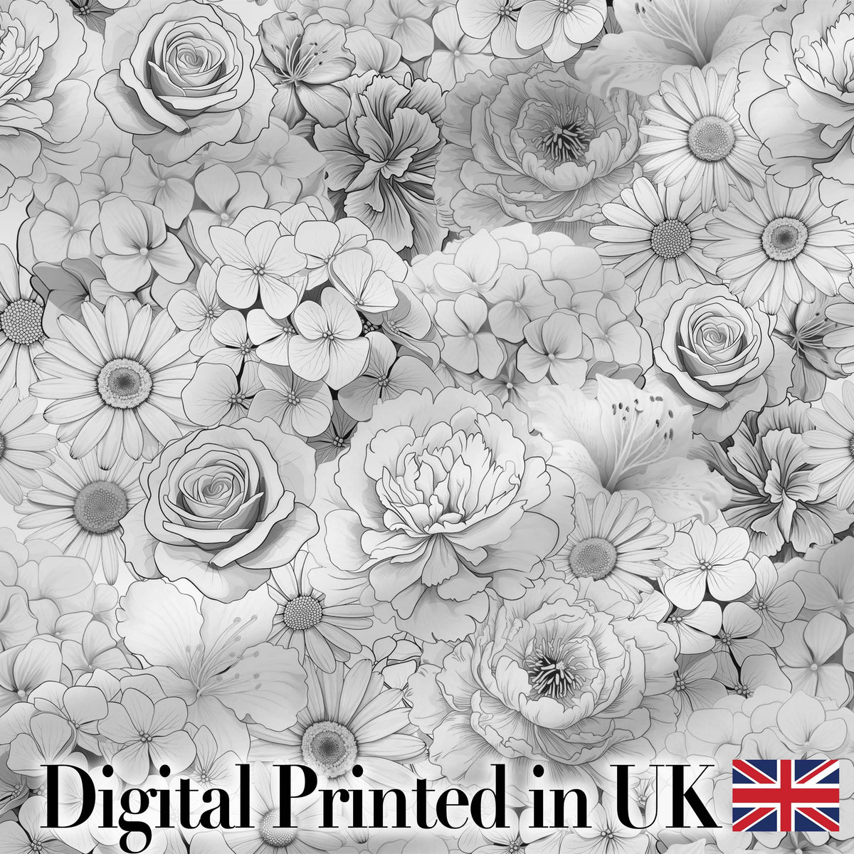 Monochrome Floral Line Art Mixed Flowers Seamless Pattern Elegant Botanical Digital Print Fabric by the Metre UK Sewing Quilting Textile