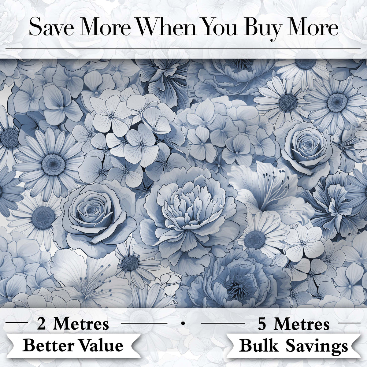 Blue Tinted Monochrome Floral Line Art Seamless Pattern Elegant Botanical Digital Print Fabric by the Metre UK Sewing Quilting Textile