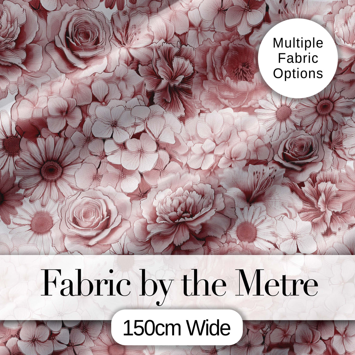Vintage Monochrome Floral Roses Peonies and Daisies Seamless Pattern Digital Print Fabric by the Metre UK Sewing Quilting Textile
