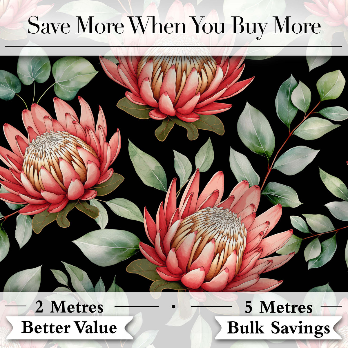 Protea Flower Botanical Illustration Seamless Pattern Black Background Digital Print Fabric by the Metre UK Sewing Quilting Textile