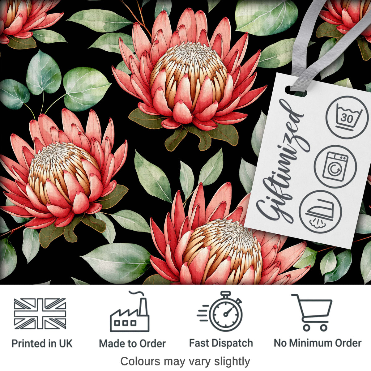 Protea Flower Botanical Illustration Seamless Pattern Black Background Digital Print Fabric by the Metre UK Sewing Quilting Textile
