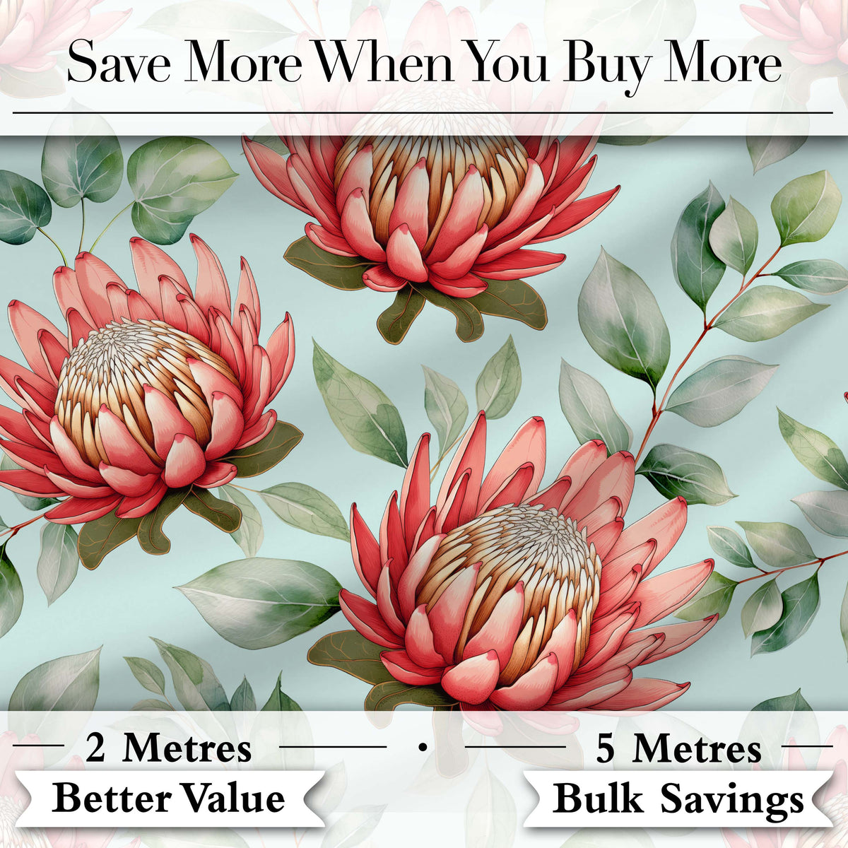 Protea Flower Botanical Illustration Seamless Pattern Pastel Background Digital Print Fabric by the Metre UK Sewing Quilting Textile