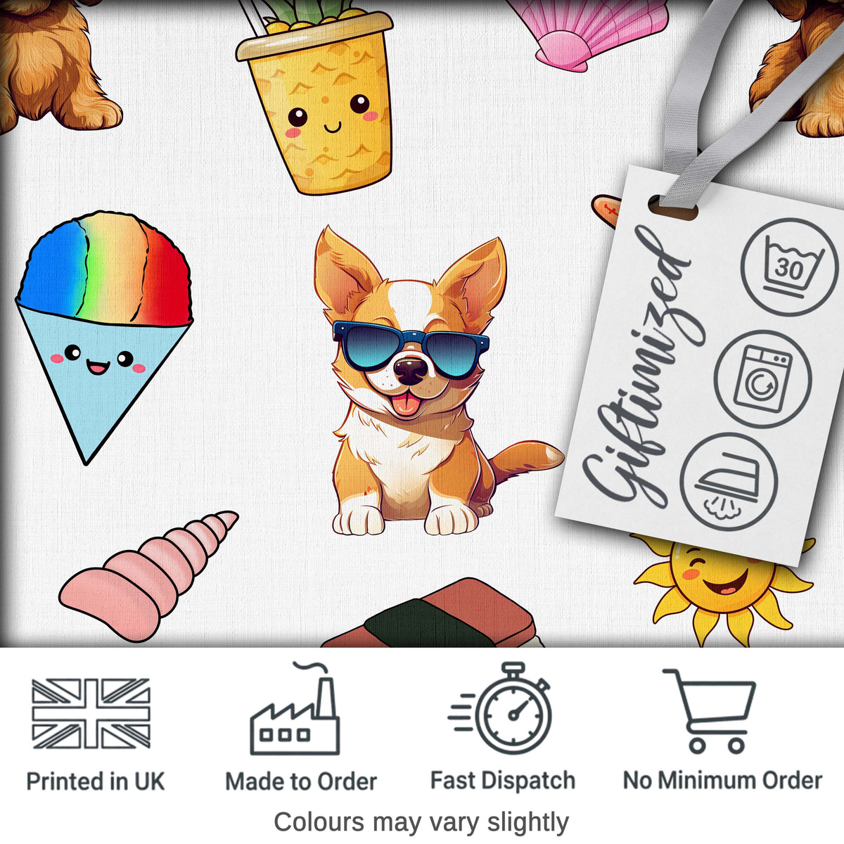 Cute Cartoon Dog Sunglasses Summer Fun Kawaii Seamless Pattern Kids Style Digital Print Fabric by the Metre UK Sewing Quilting Textile