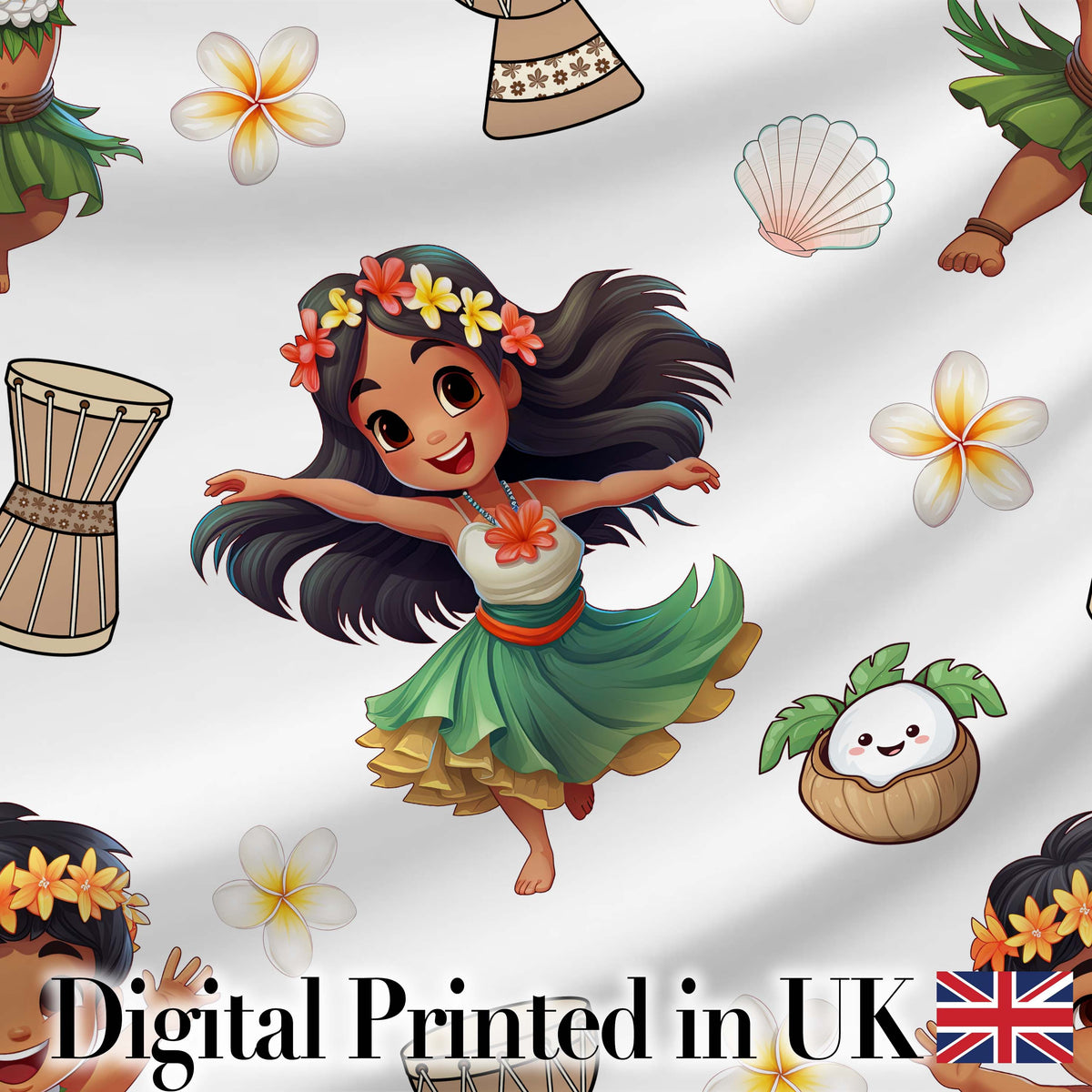 Island Girl Hula Dance Tropical Cute Cartoon Seamless Pattern Kids Fabric Digital Print Fabric by the Metre UK Sewing Quilting Textile