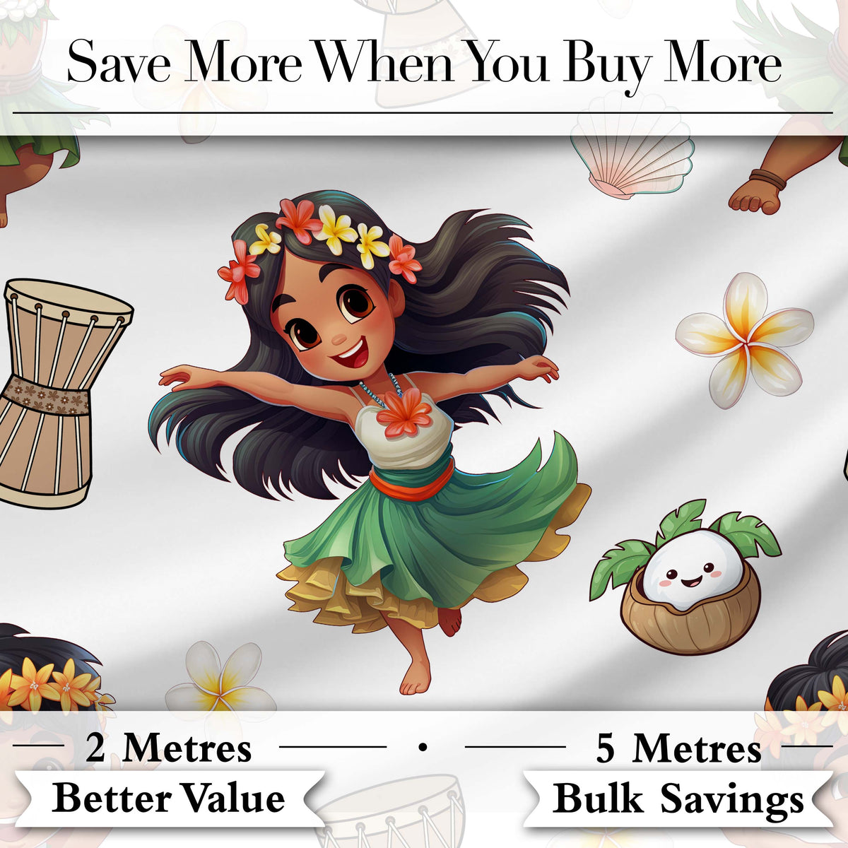 Island Girl Hula Dance Tropical Cute Cartoon Seamless Pattern Kids Fabric Digital Print Fabric by the Metre UK Sewing Quilting Textile