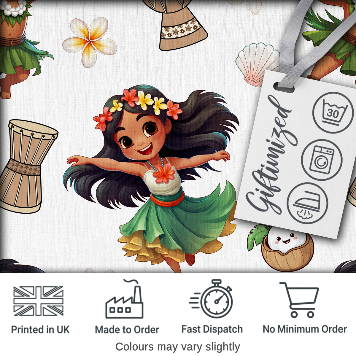 Island Girl Hula Dance Tropical Cute Cartoon Seamless Pattern Kids Fabric Digital Print Fabric by the Metre UK Sewing Quilting Textile
