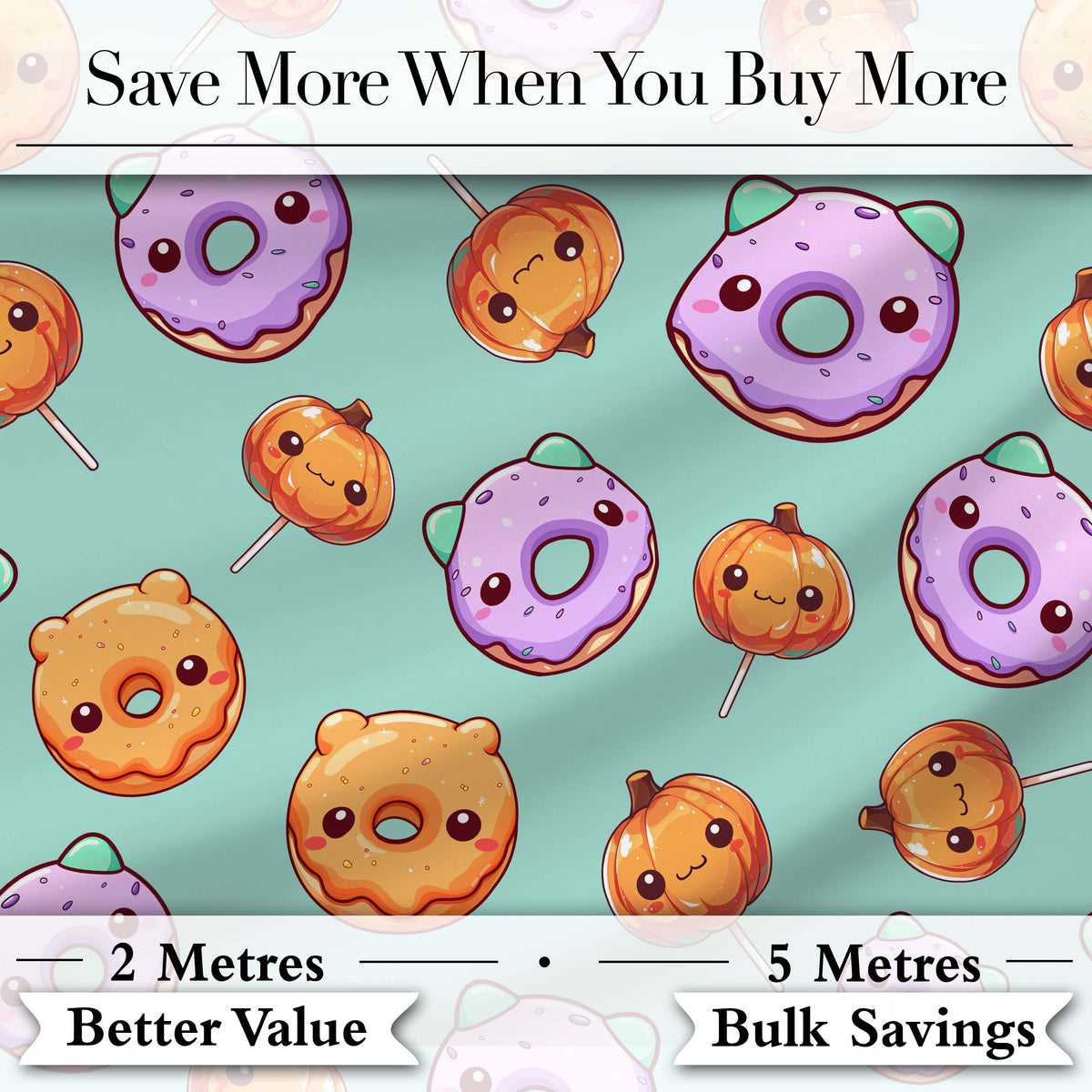 Cute Kawaii Donut Pumpkin Lollipop Pattern Teal Background Digital Print Fabric by the Metre UK Sewing Quilting Textile