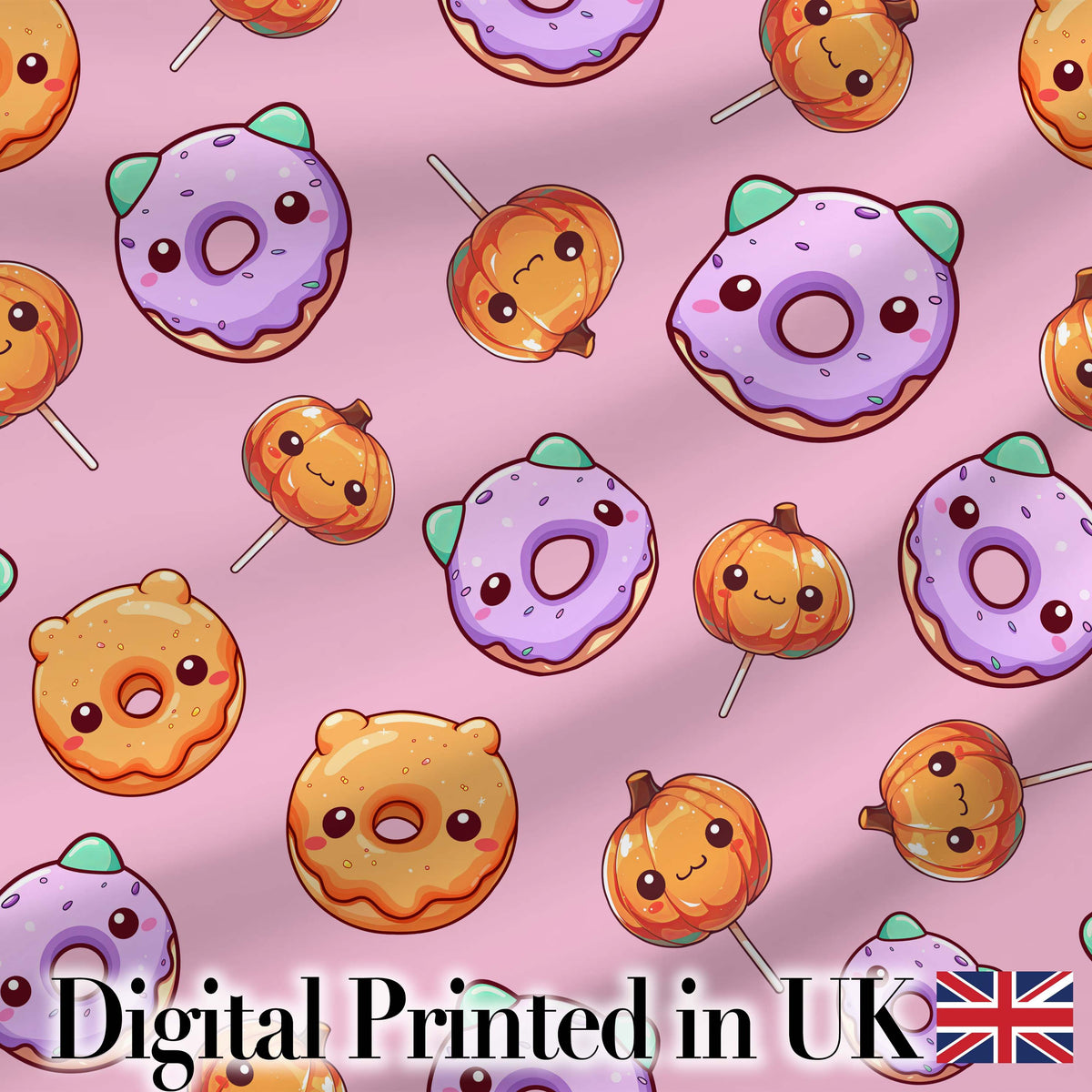 Cute Kawaii Donut Pumpkin Lollipop Pattern Pastel Pink Background Digital Print Fabric by the Metre UK Sewing Quilting Textile