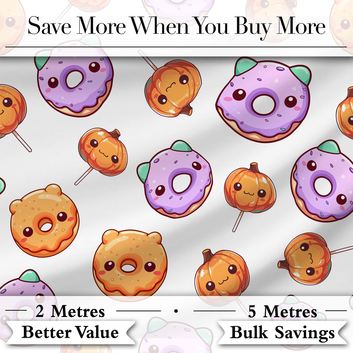 Cute Kawaii Donut Pumpkin Lollipop Pattern Light Grey Background Digital Print Fabric by the Metre UK Sewing Quilting Textile