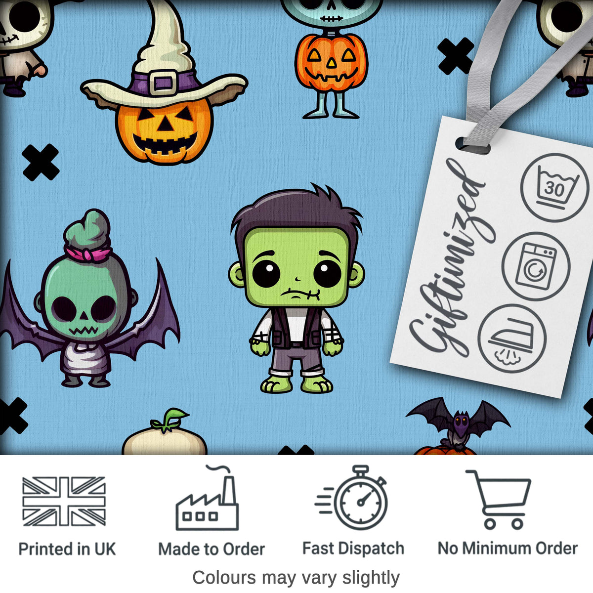 Cute Halloween Characters Mummy Frankenstein Bat Blue Background Seamless Digital Print Fabric by the Metre UK Sewing Quilting Textile