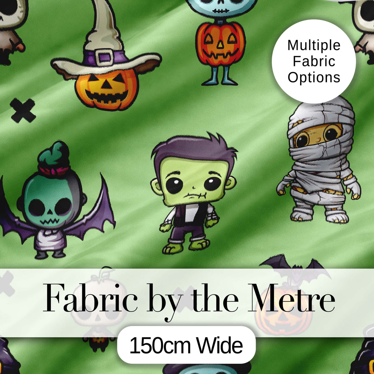 Cute Halloween Characters Mummy Frankenstein Bat Green Background Seamless Digital Print Fabric by the Metre UK Sewing Quilting Textile