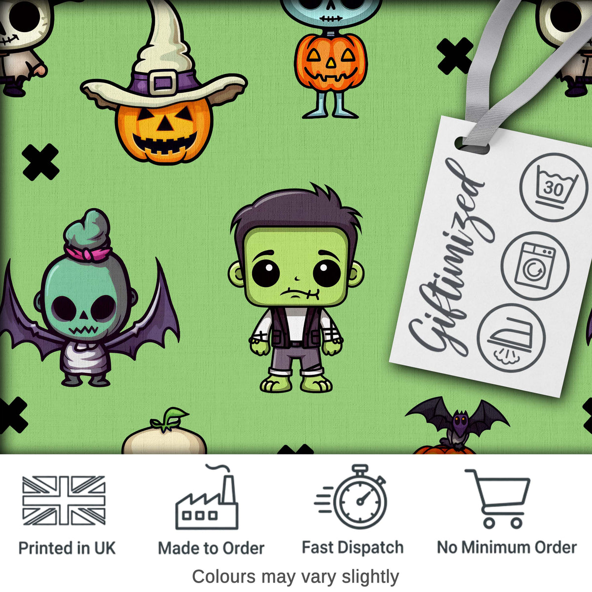 Cute Halloween Characters Mummy Frankenstein Bat Green Background Seamless Digital Print Fabric by the Metre UK Sewing Quilting Textile