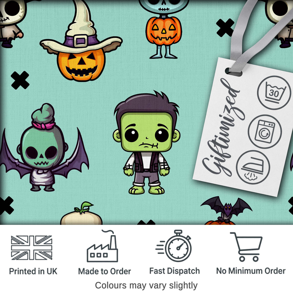 Cute Halloween Characters Mummy Frankenstein Bat Teal Background Seamless Digital Print Fabric by the Metre UK Sewing Quilting Textile