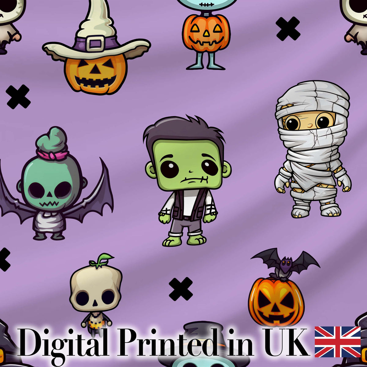 Cute Halloween Characters Mummy Frankenstein Bat Purple Background Seamless Digital Print Fabric by the Metre UK Sewing Quilting Textile