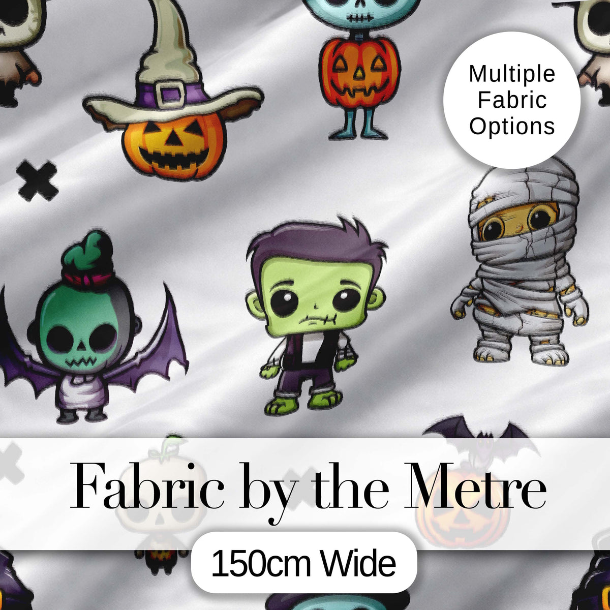 Cute Halloween Frankenstein Mummy Pumpkin Character Seamless Pattern Digital Print Fabric by the Metre UK Sewing Quilting Textile