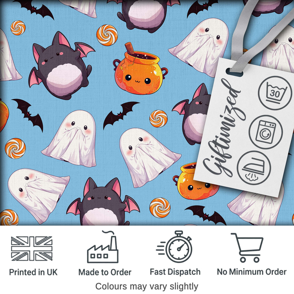 Cute Kawaii Ghost Bat Candy Pumpkin Seamless Pattern Blue Background Digital Print Fabric by the Metre UK Sewing Quilting Textile