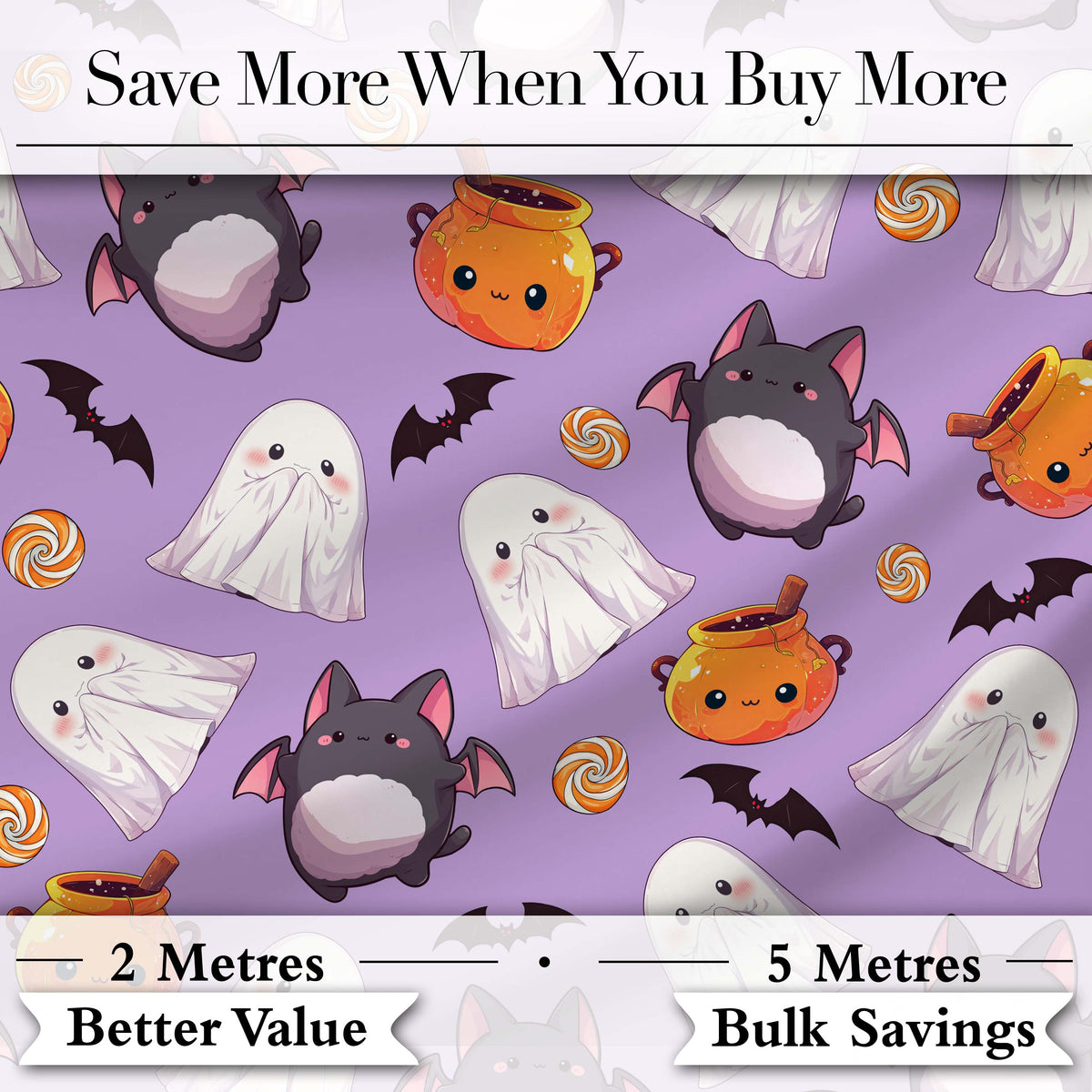 Cute Halloween Ghost Bat Candy Pumpkin Purple Background Seamless Pattern Digital Print Fabric by the Metre UK Sewing Quilting Textile