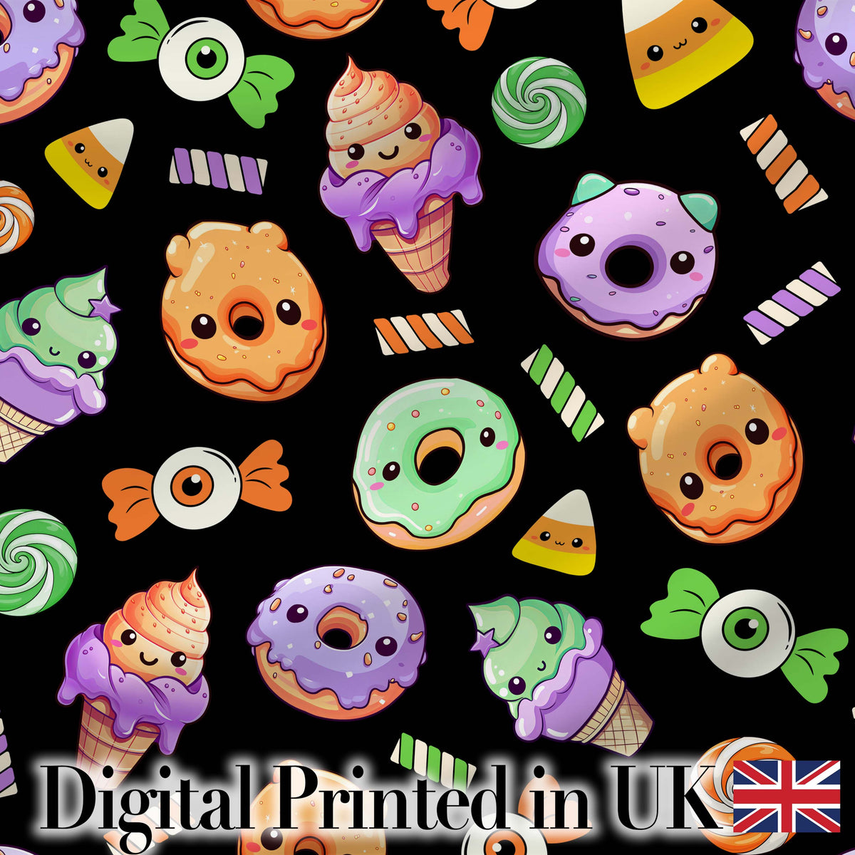 Cute Halloween Sweet Donut Ice Cream Candy Black Background Seamless Pattern Digital Print Fabric by the Metre UK Sewing Quilting Textile