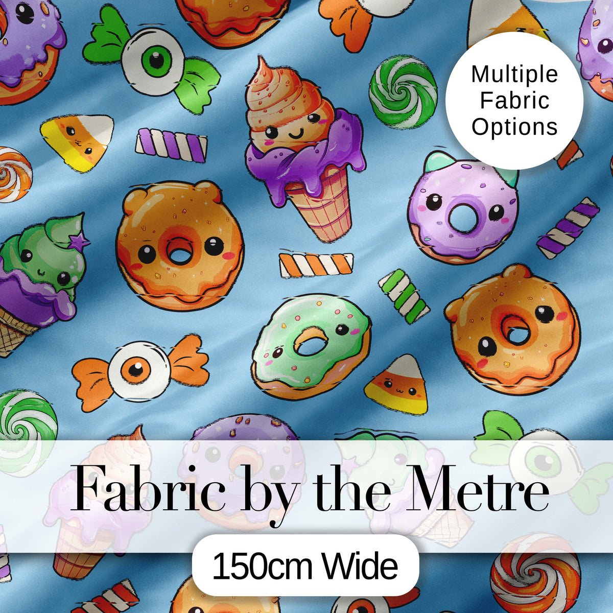 Cute Halloween Sweet Donut Ice Cream Candy Blue Background Seamless Pattern Digital Print Fabric by the Metre UK Sewing Quilting Textile