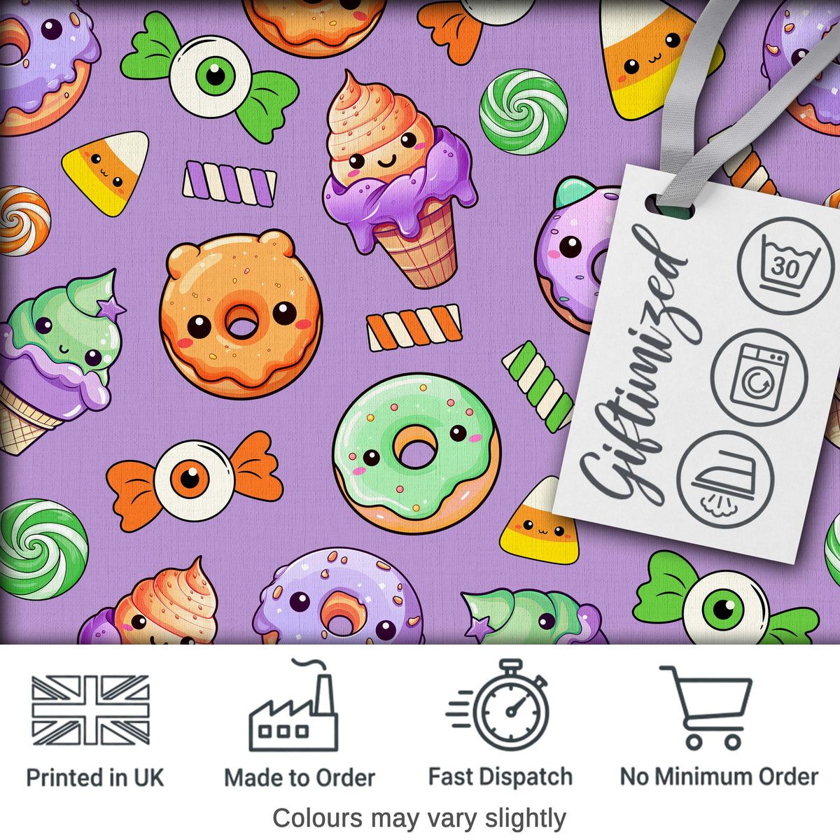 Cute Halloween Donut Candy Ice Cream Kawaii Seamless Pattern Purple Background Digital Print Fabric by the Metre UK Sewing Quilting Textile