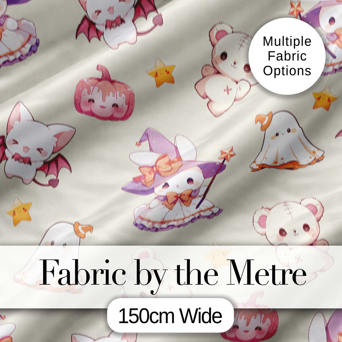 Cute Halloween Bunny Witch Teddy Pumpkin Seamless Pattern Cream Background Digital Print Fabric by the Metre UK Sewing Quilting Textile