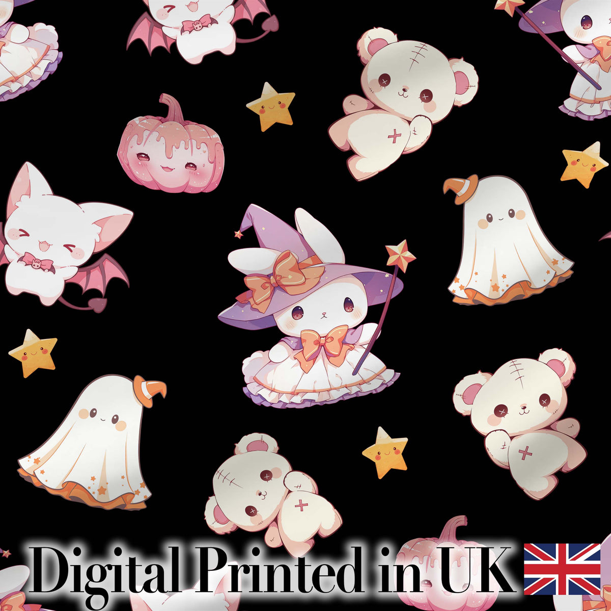 Cute Halloween Bunny Witch Teddy Pumpkin Seamless Pattern Black Background Digital Print Fabric by the Metre UK Sewing Quilting Textile