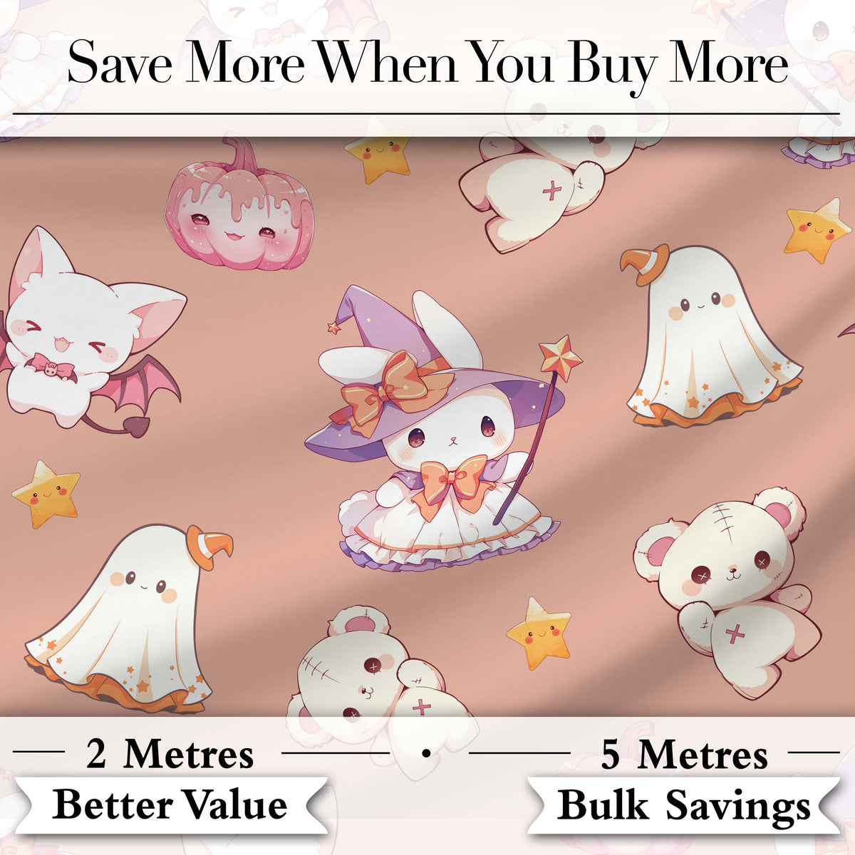 Cute Halloween Bunny Witch Teddy Pumpkin Seamless Pattern Peach Background Digital Print Fabric by the Metre UK Sewing Quilting Textile