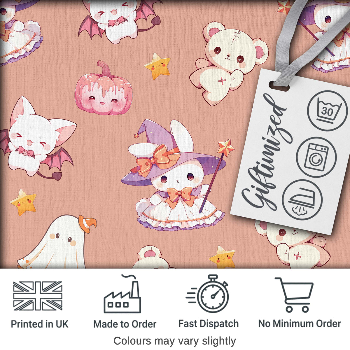 Cute Halloween Bunny Witch Teddy Pumpkin Seamless Pattern Peach Background Digital Print Fabric by the Metre UK Sewing Quilting Textile