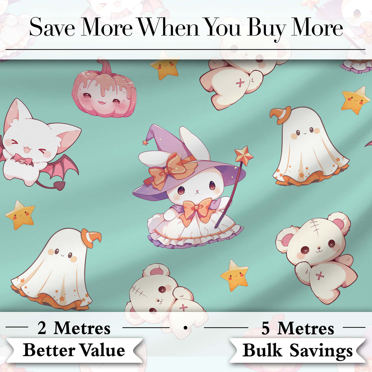 Cute Halloween Bunny Witch Ghost Teddy Pumpkin Seamless Pattern Teal Background Digital Print Fabric by the Metre UK Sewing Quilting Textile