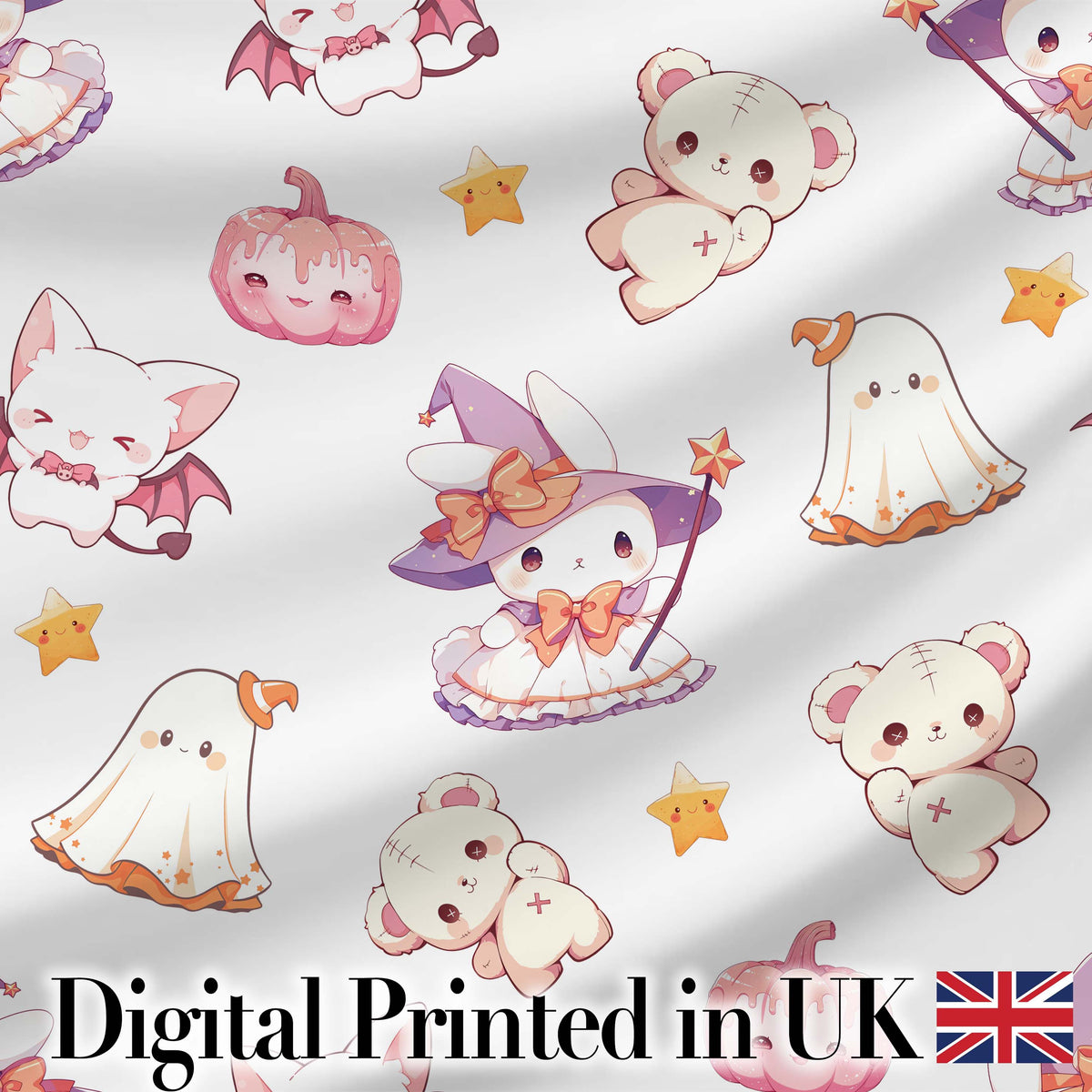 Cute Halloween Bunny Witch Teddy Pumpkin Seamless Pattern White Background Digital Print Fabric by the Metre UK Sewing Quilting Textile