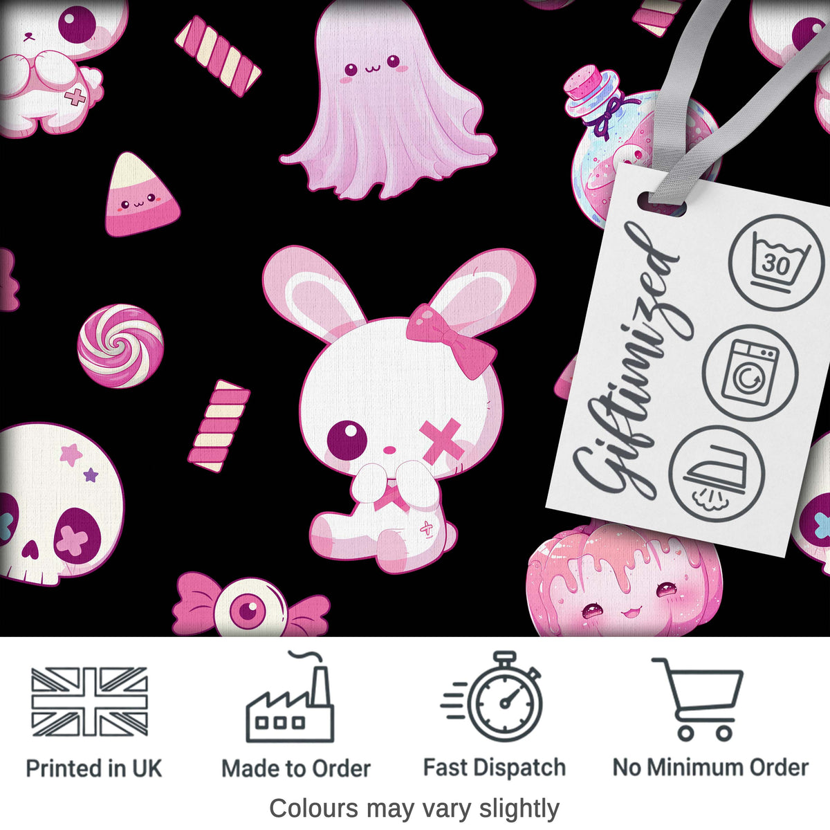 Kawaii Halloween Bunny Ghost Candy Pumpkin Seamless Pattern Black Background Digital Print Fabric by the Metre UK Sewing Quilting Textile