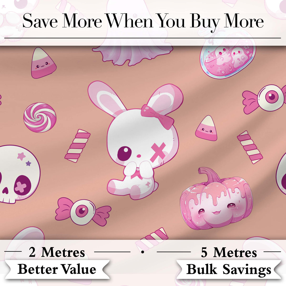 Kawaii Halloween Bunny Ghost Candy Pumpkin Seamless Pattern Peach Background Digital Print Fabric by the Metre UK Sewing Quilting Textile