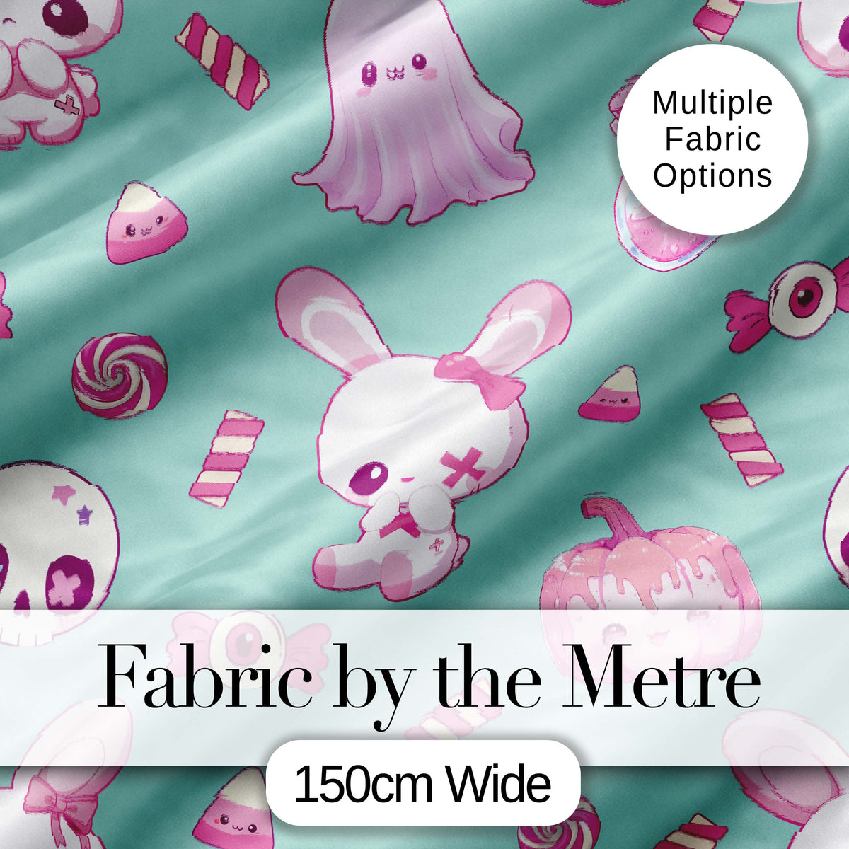 Kawaii Halloween Bunny Ghost Candy Pumpkin Seamless Pattern Teal Background Digital Print Fabric by the Metre UK Sewing Quilting Textile