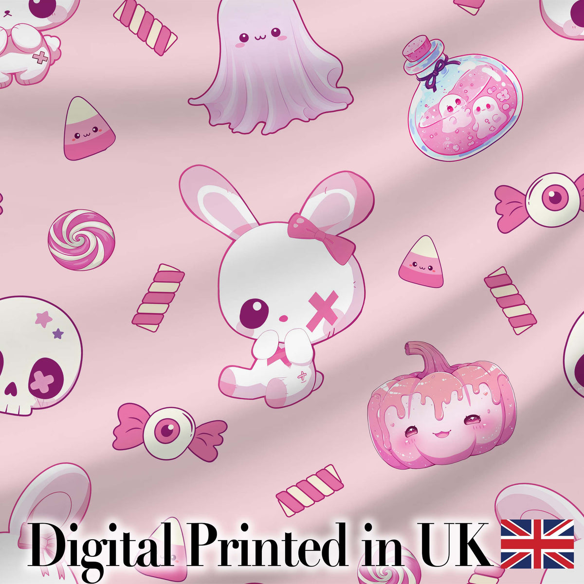 Kawaii Halloween Bunny Ghost Candy Pumpkin Seamless Pattern Blush Background Digital Print Fabric by the Metre UK Sewing Quilting Textile