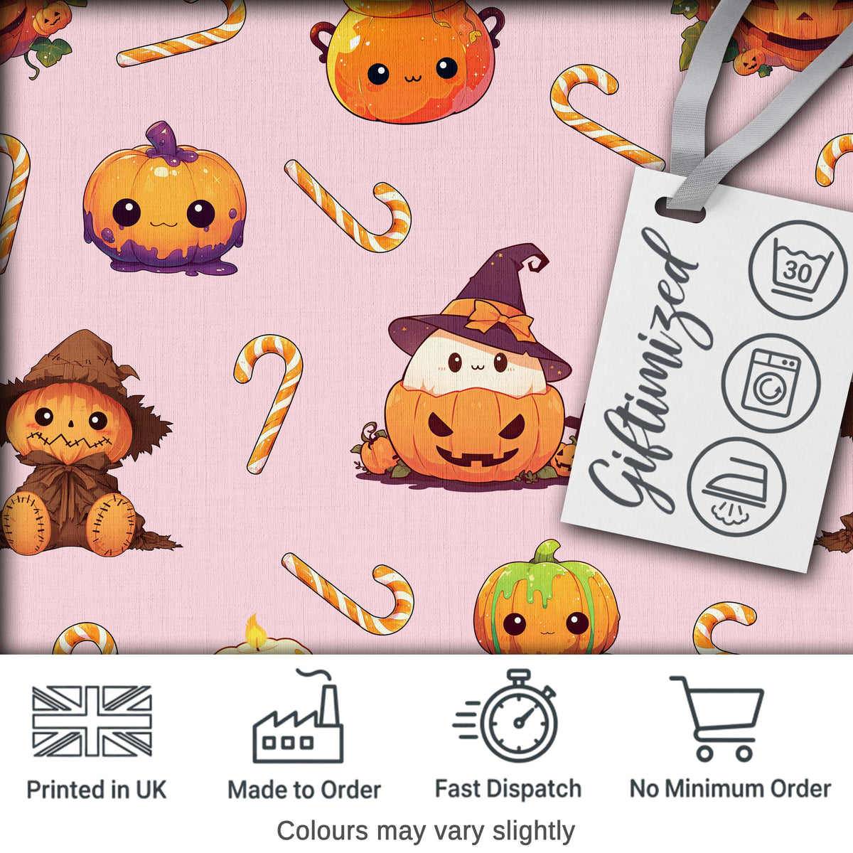 Cute Kawaii Halloween Pumpkin Witch Candy Seamless Pattern Blush Background Digital Print Fabric by the Metre UK Sewing Quilting Textile
