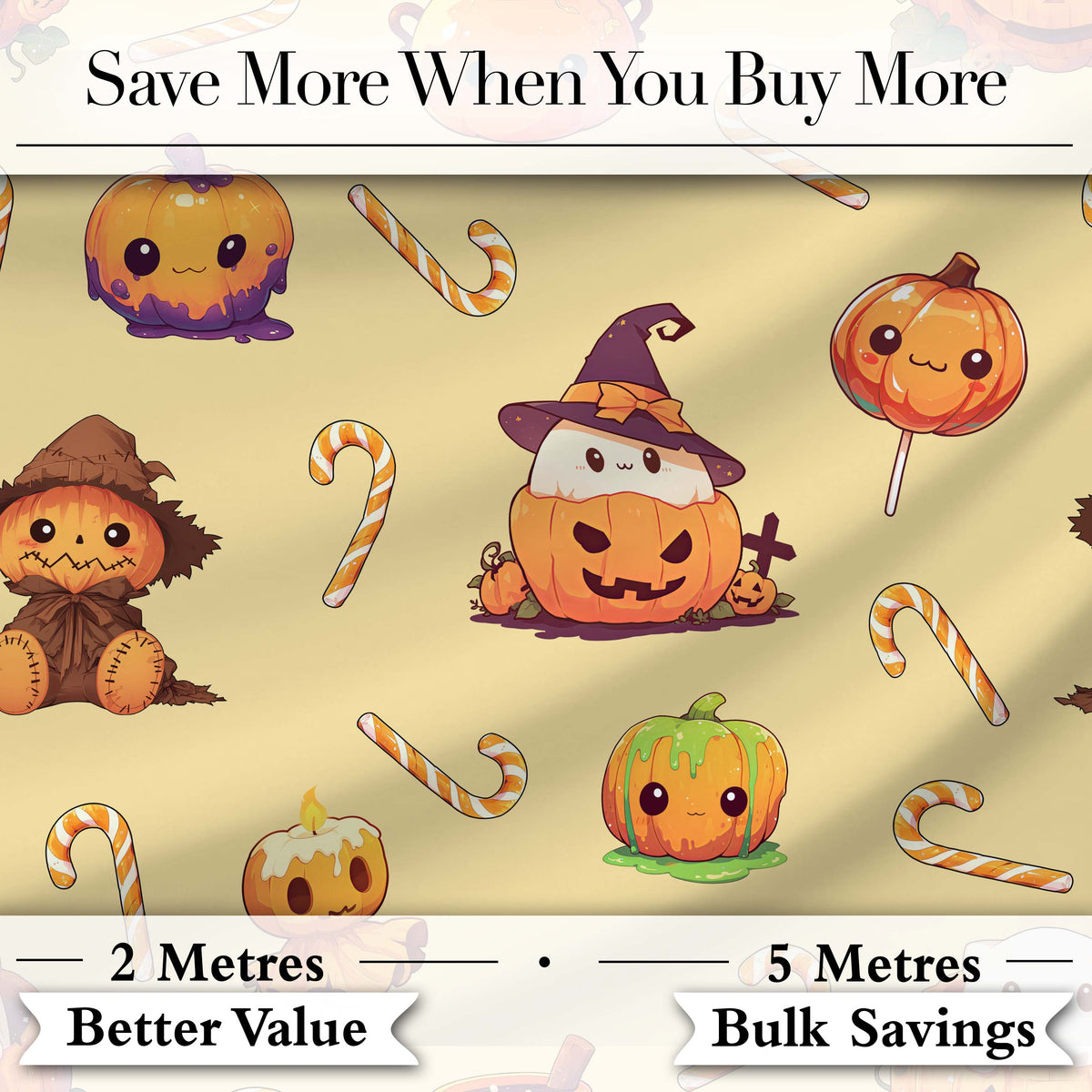 Cute Kawaii Halloween Pumpkin Witch Candy Seamless Pattern Yellow Background Digital Print Fabric by the Metre UK Sewing Quilting Textile