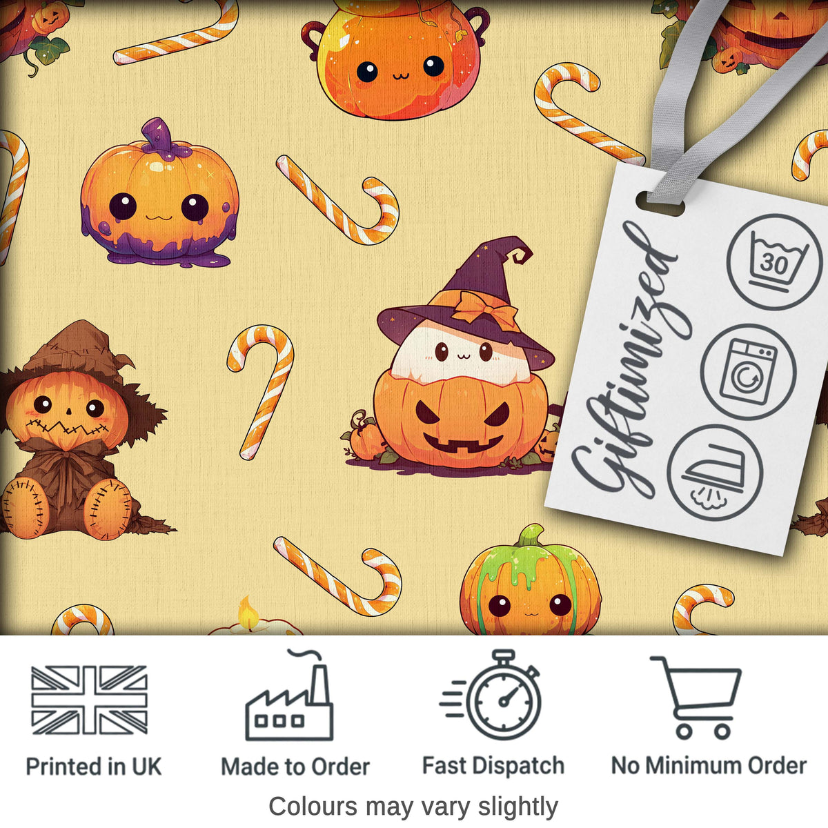 Cute Kawaii Halloween Pumpkin Witch Candy Seamless Pattern Yellow Background Digital Print Fabric by the Metre UK Sewing Quilting Textile