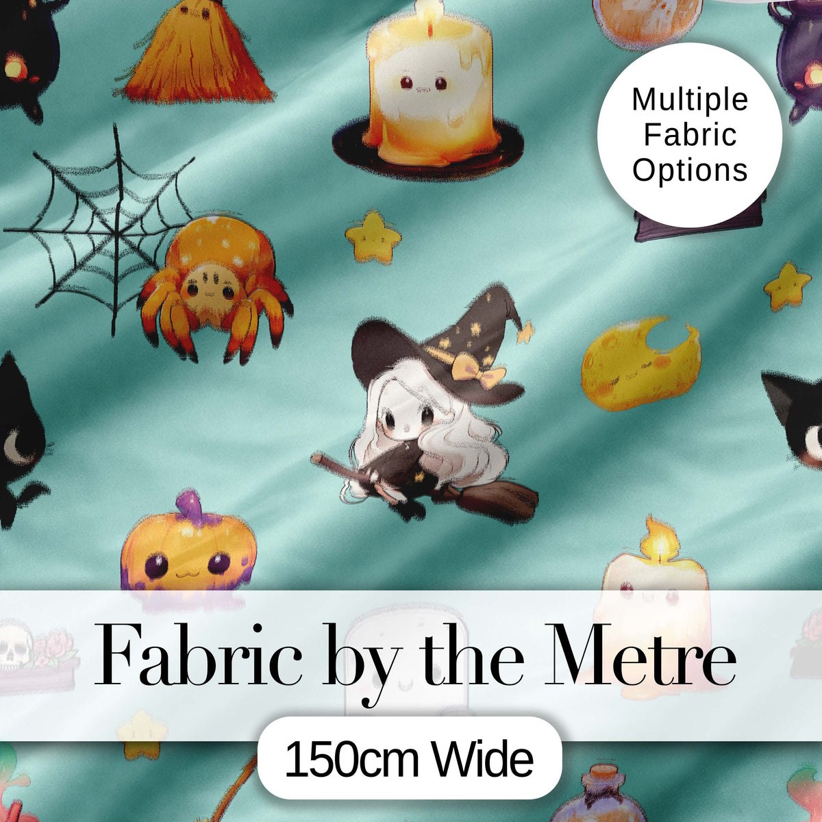 Cute Kawaii Halloween Witch Pumpkin Spider Seamless Pattern Teal Background Digital Print Fabric by the Metre UK Sewing Quilting Textile
