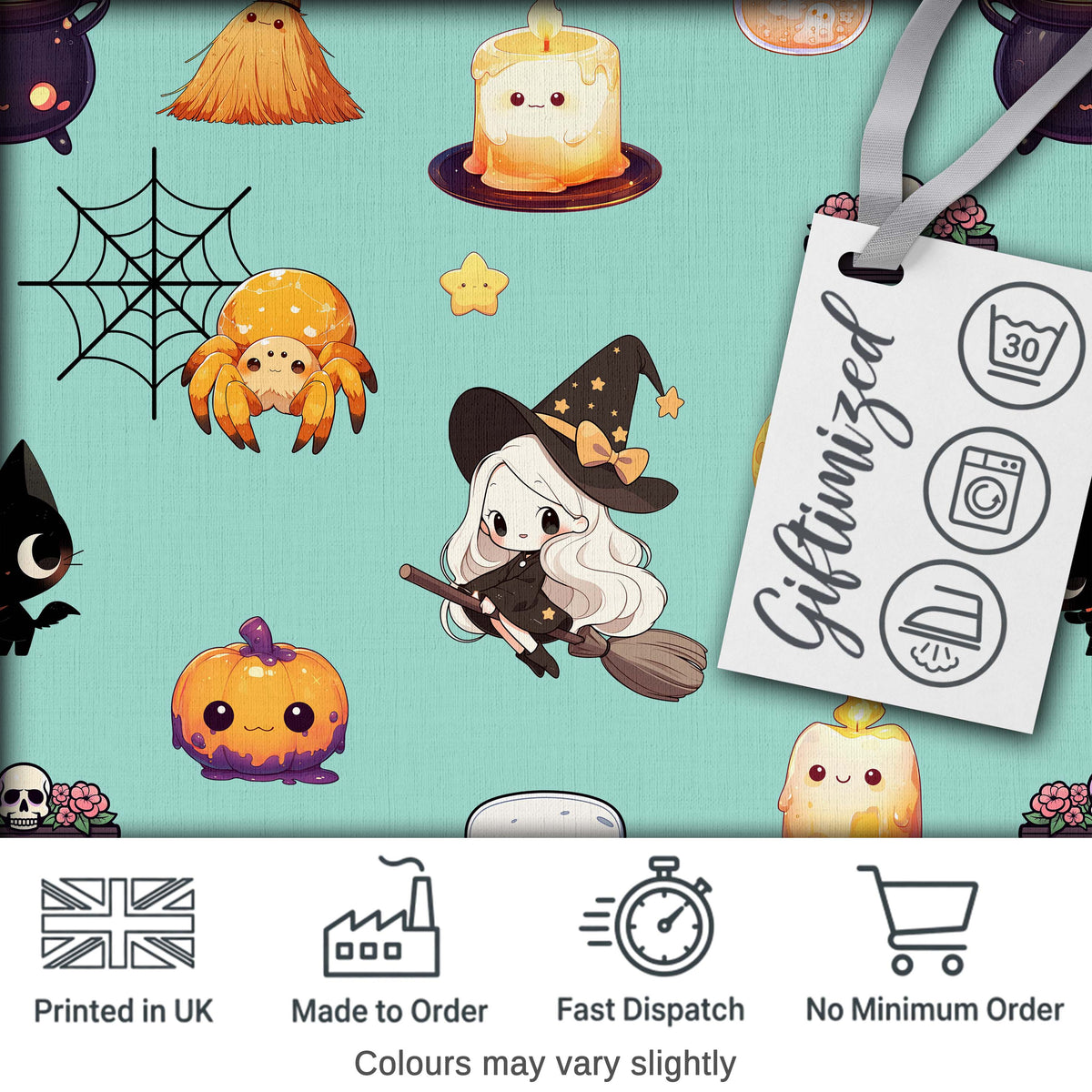 Cute Kawaii Halloween Witch Pumpkin Spider Seamless Pattern Teal Background Digital Print Fabric by the Metre UK Sewing Quilting Textile