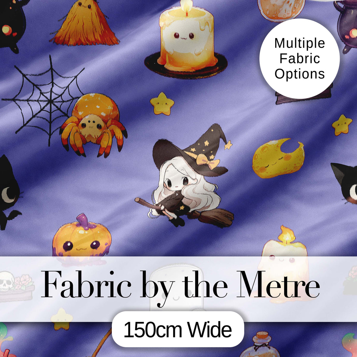 Cute Kawaii Halloween Witch Pumpkin Spider Seamless Pattern Purple Background Digital Print Fabric by the Metre UK Sewing Quilting Textile