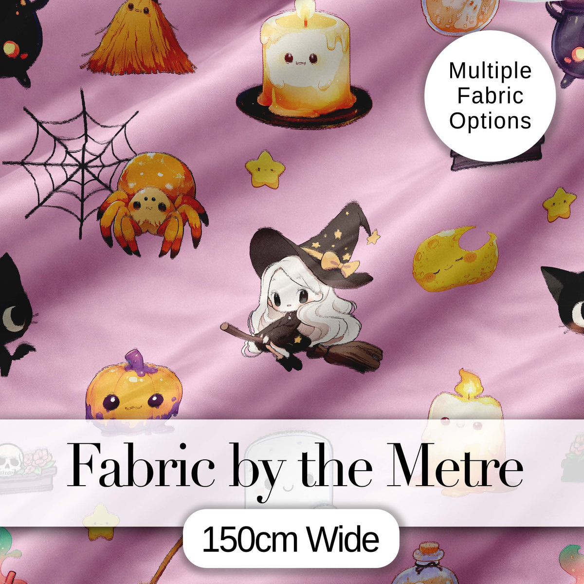Cute Kawaii Halloween Witch Pumpkin Spider Seamless Pattern Rose Background Digital Print Fabric by the Metre UK Sewing Quilting Textile